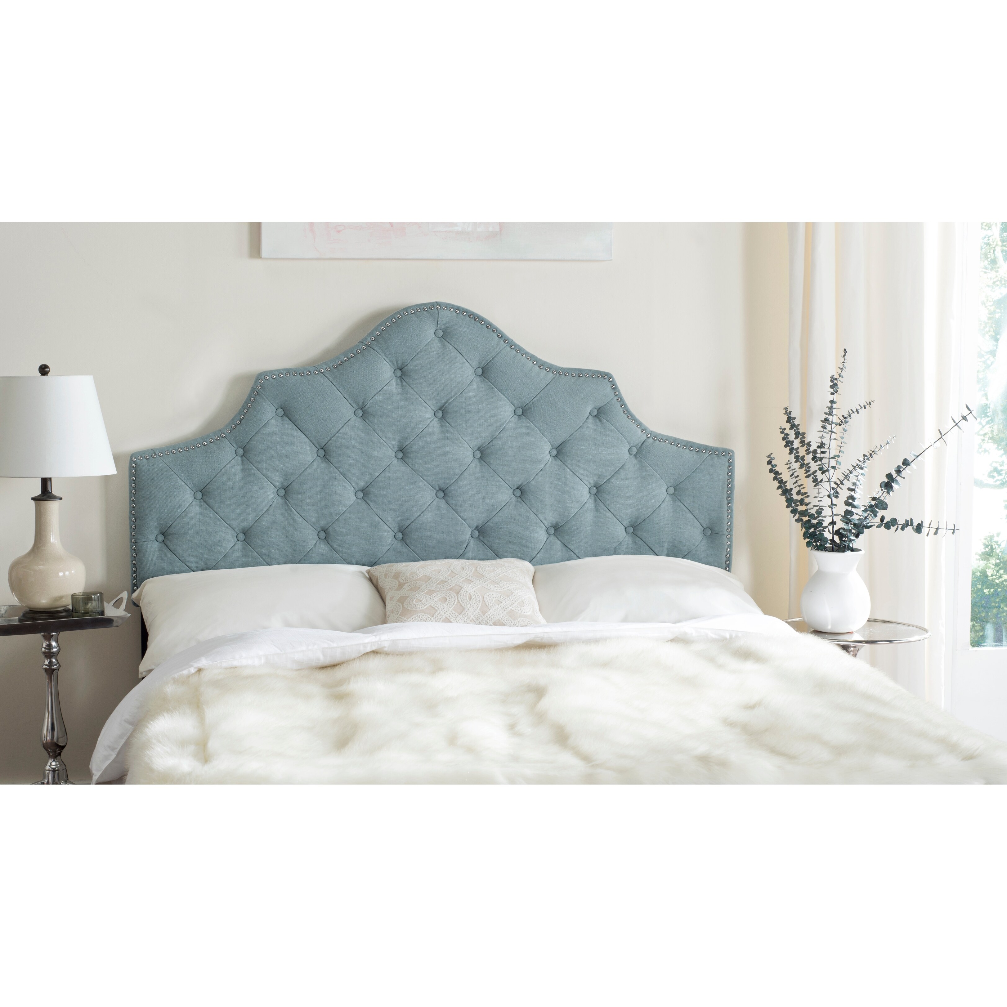 SAFAVIEH Arebelle Sky Blue Upholstered Tufted Headboard - Silver Nailhead (Full) - - 9989374