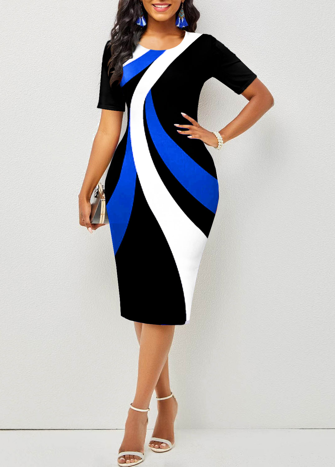 Contrast Round Neck Short Sleeve Dress