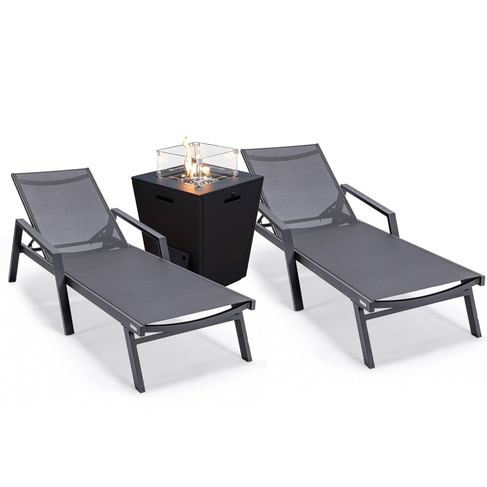 LeisureMod Marlin Chaise Lounge Chair With Arms Set of 2 with Fire Pit Table