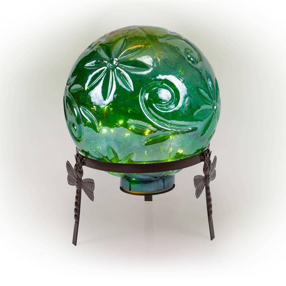 Alpine Corporation 13 in. Tall Indoor/Outdoor Pearlized Green Glass LED Gazing Globe with Stand HGY112A-GN