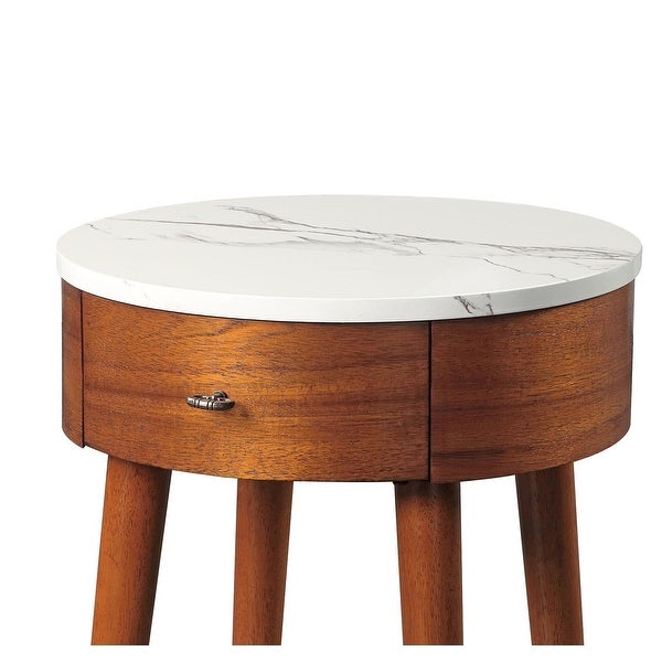 Walnut Finish with Faux Marble and Drawer Shelf Living Room Furniture Round Side Table for Den， Bedroom， or Living Room