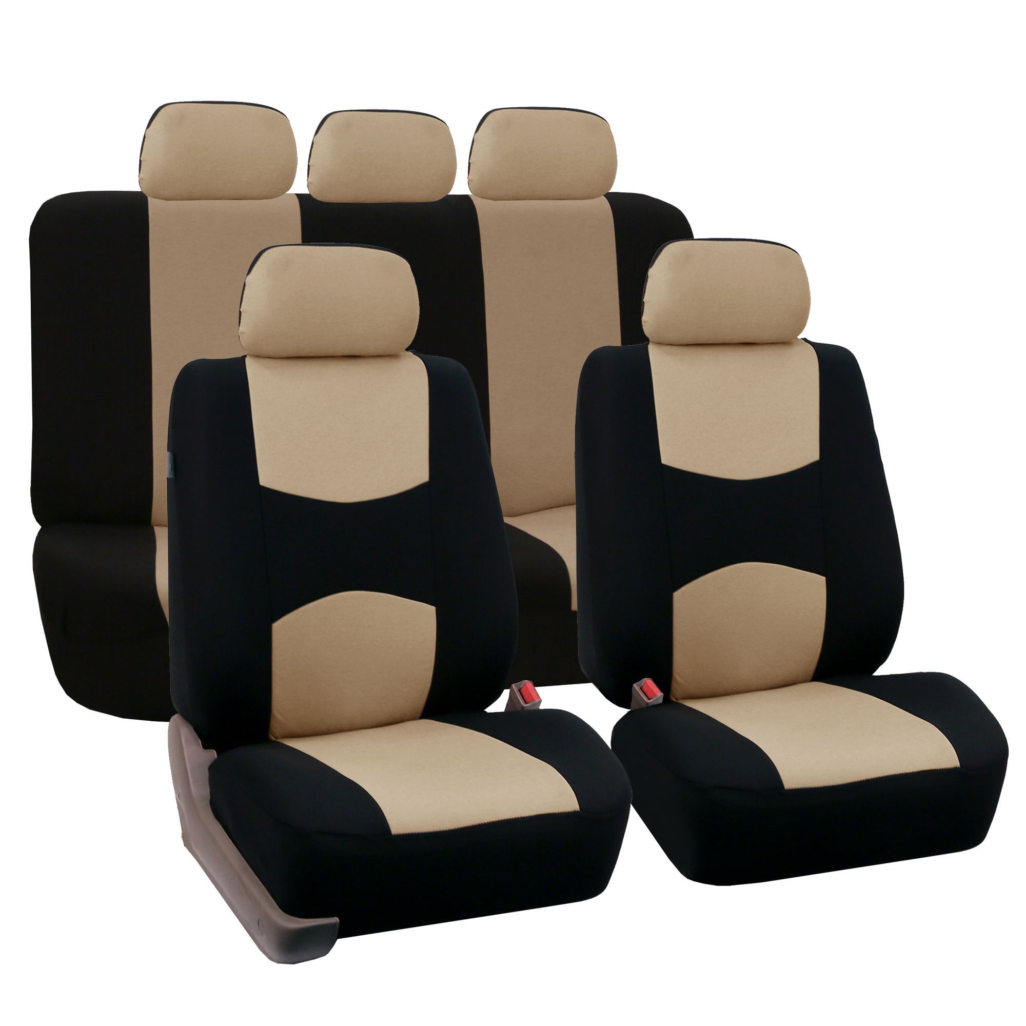 FH Group Universal Flat Cloth Fabric Car Seat Cover， 5 Headrests Full Set， Beige and Black