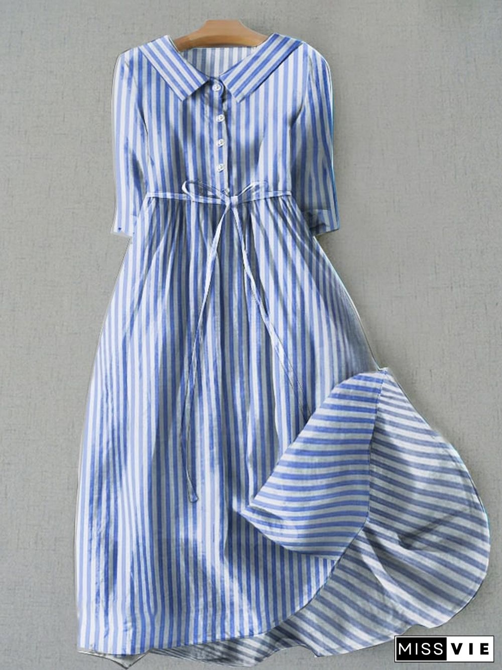 Fashion Casual Cotton Stripes With Pocket Lace Dresses