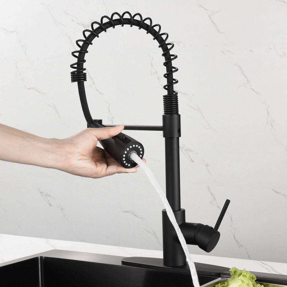 Heemli Touchless Single Handle Gooseneck Pull Out Sprayer Kitchen Faucet with Deckplate and Spiral Tube in Matte Black KBT0201MB