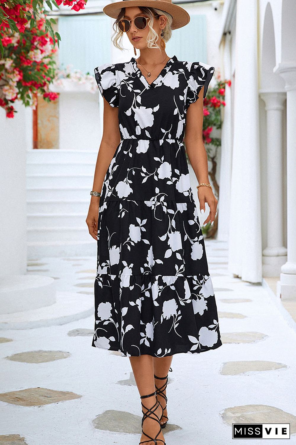 V Neck Ruffle Sleeves Splicing Floral Dress