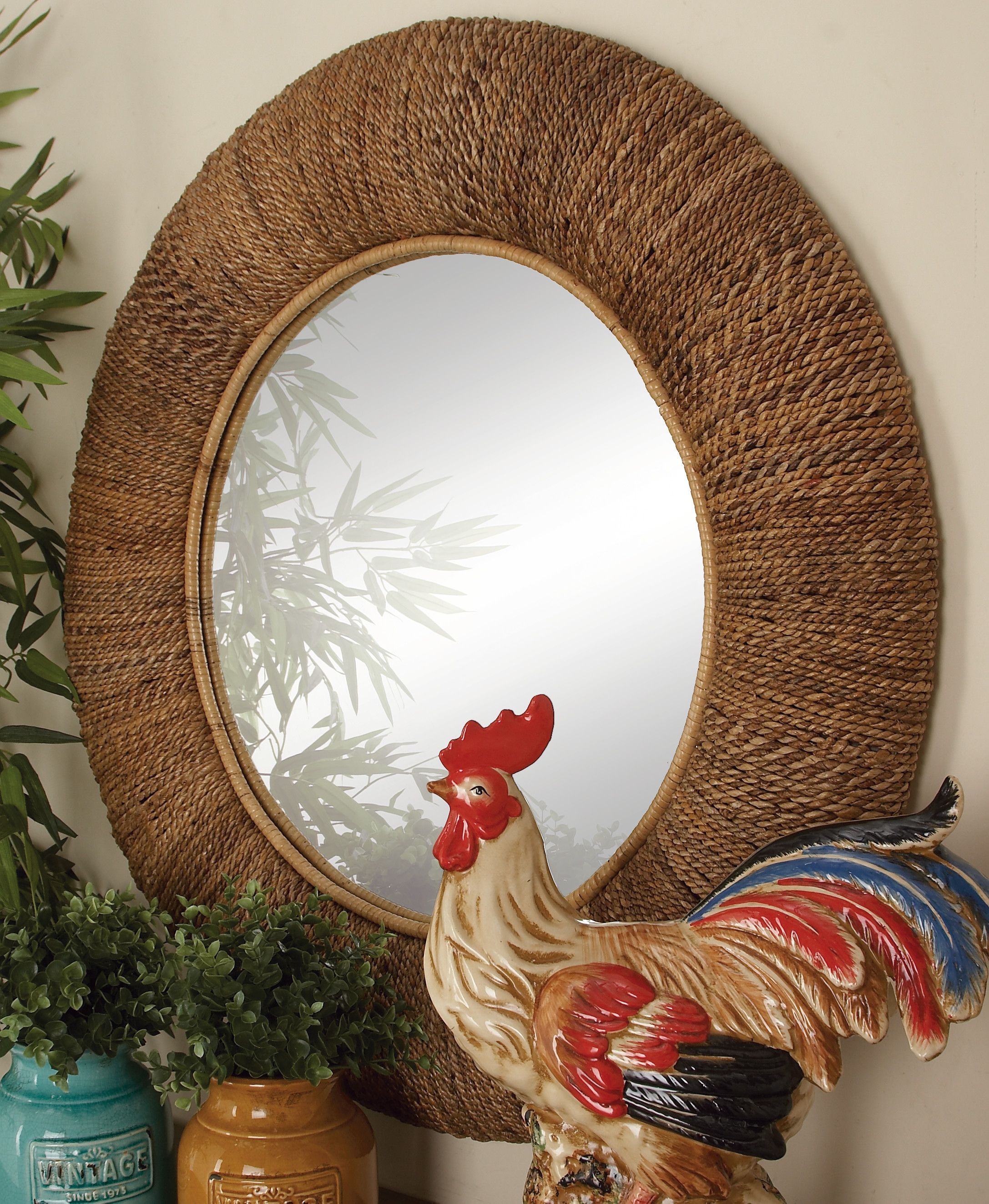 Brown Coastal Style Rattan Wall Mirror 35 x 35