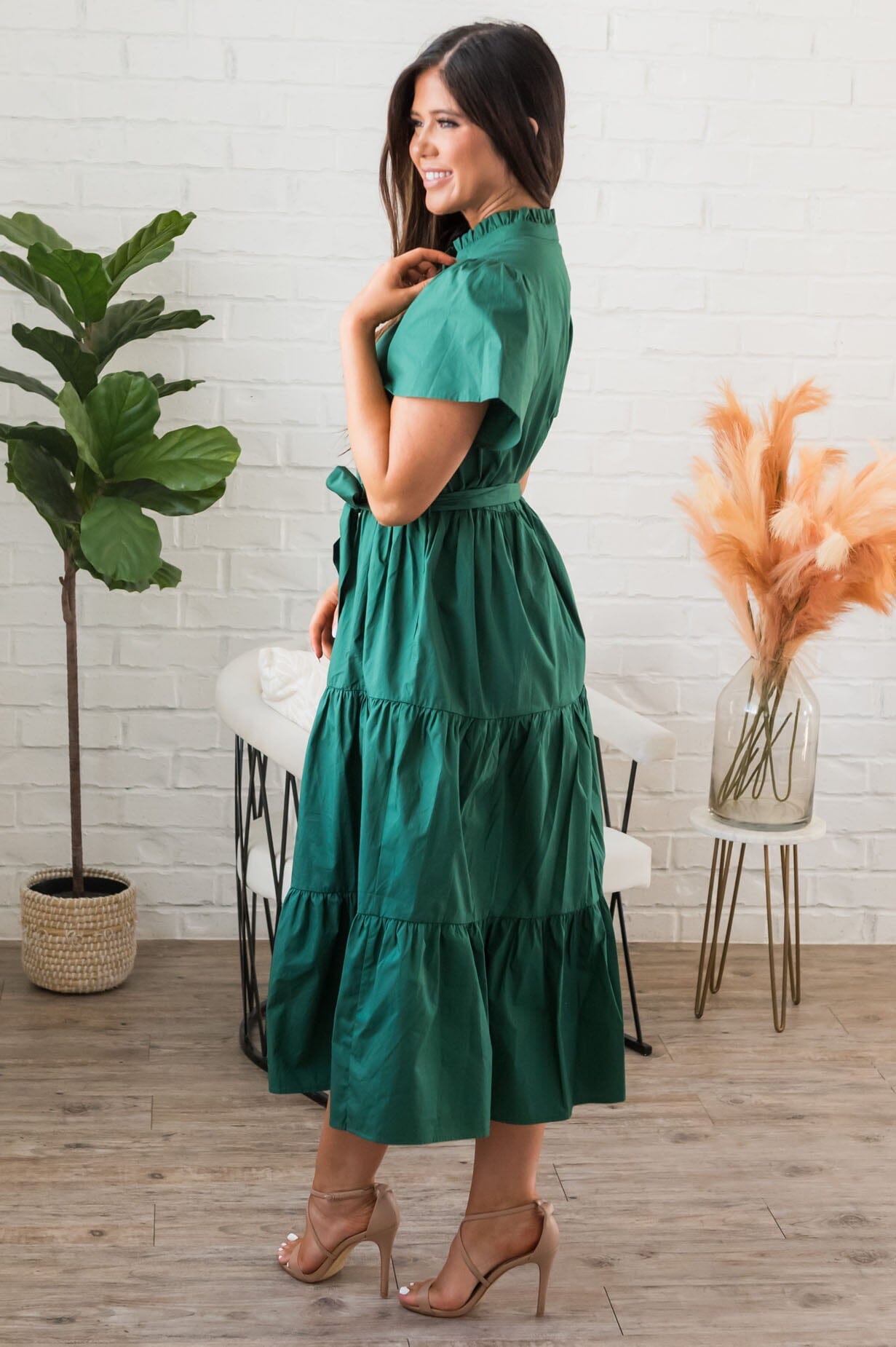 Autumn Ruffle Dress-Emerald Green