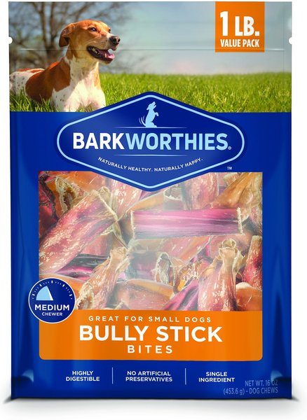 Barkworthies Bully Stick Bites Small Dog Grain-Free Dog Treats， 16-oz bag