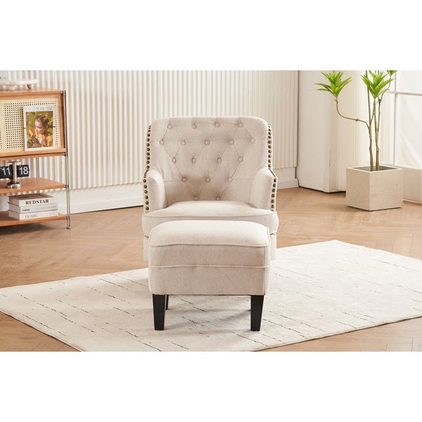 Button Tufted Accent Chairs with Ottoman Nailhead Line Fabric Upholstery Chair， Diamond Stitching ChairandOttoman Sets， Beige