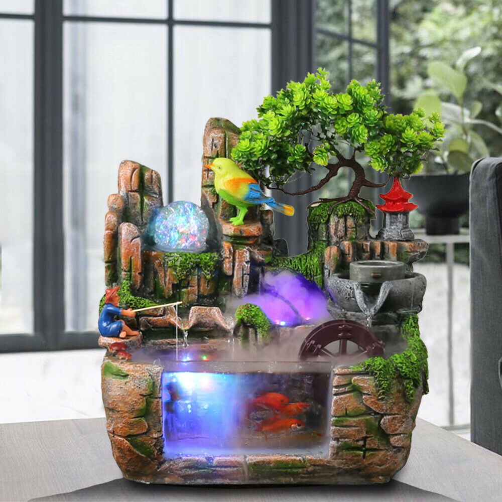 LED Rockery Fountain Waterfall Fengshui Desktop Water Sound Indoor Decor 110V US