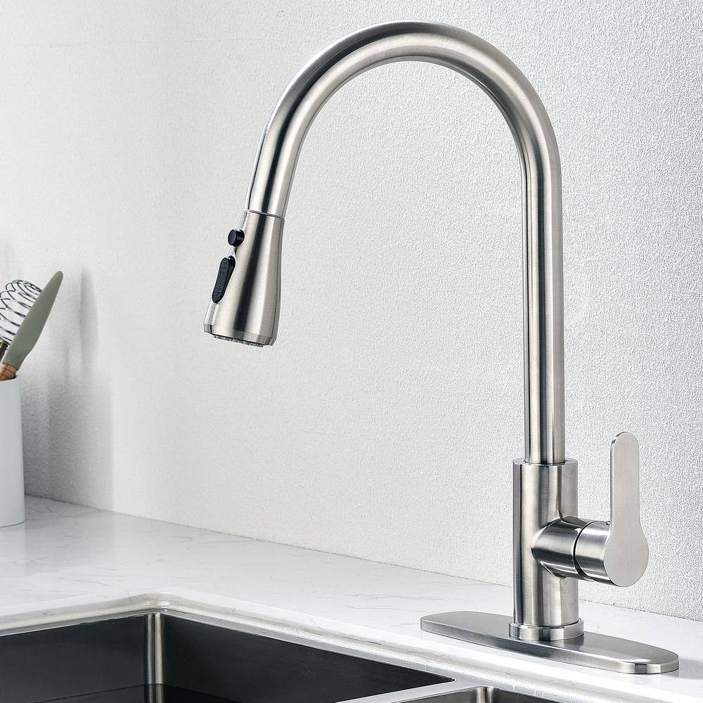 ruiling Modern Single-Handle Pull-Down Sprayer Kitchen Faucet with 3 Spray Mode in Stainless Steel ATK-173