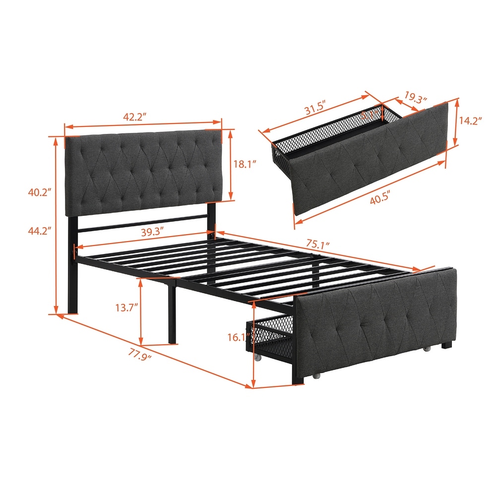 Metal Storage Platform Bed with Big Drawer   Linen Upholstered Headboard