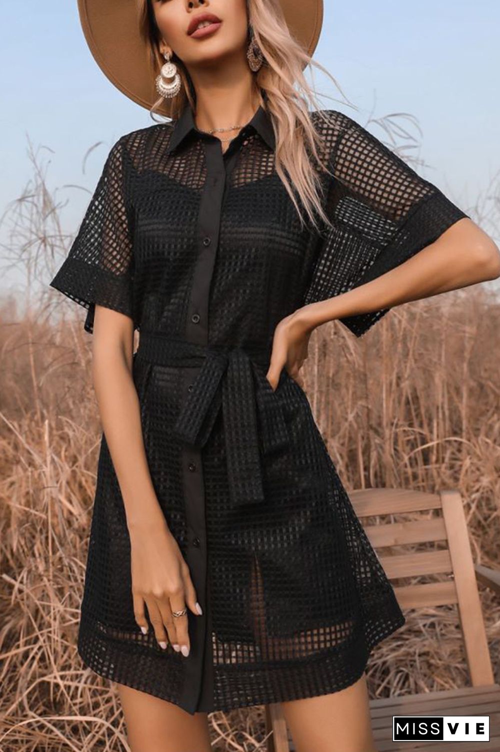 Lace-up Black Mesh Sheer Dress Wholesale