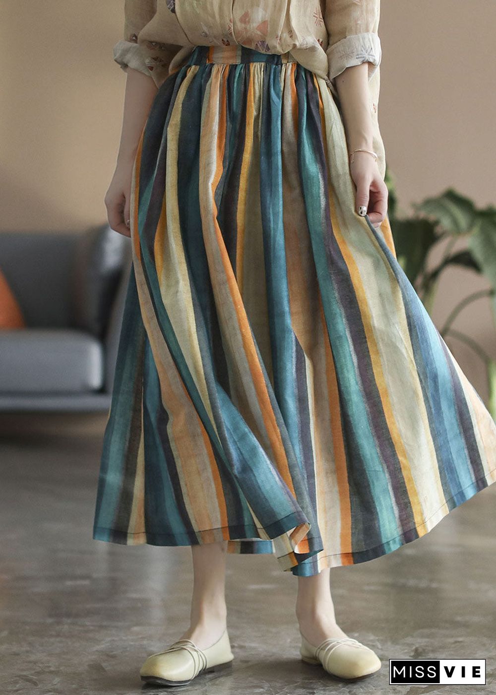 Chic Color stripe Striped Linen a line skirts Spring