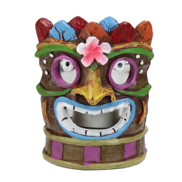 Smiling Tiki Mask With Colorful Leaves Candle Holder