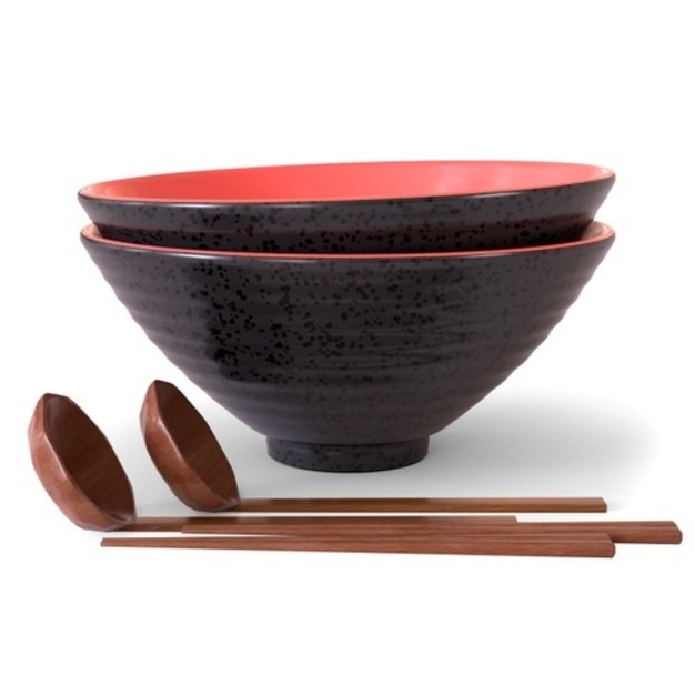 Kook Ramen Bowls With Wooden Spoons And Chopsticks 60 Oz Set Of 2 Black red