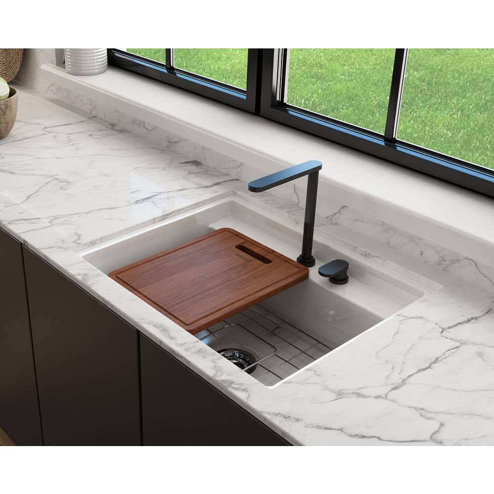 BOCCHI Baveno Uno White Fireclay 27 in. Single Bowl UndermountDrop-In 2-hole Kitchen Sink wIntegrated WS and Acc. 1633-001-0132