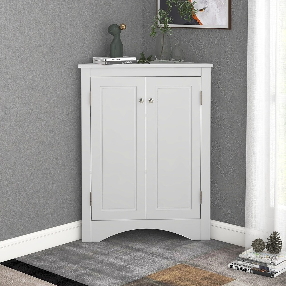 Triangle Bath Room Waterproof Storage Cabinet  Freestanding Corner Floor Storage Cabinet with Door and Adjustable Shelf  White