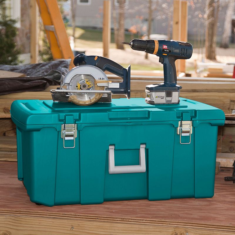 Sterilite 16 Gallon Lockable Footlocker Toolbox Container Box with Wheels， Teal