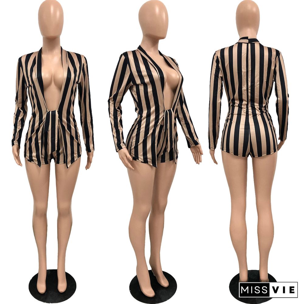 Striped Deep V-neck Long Sleeve Clubwear Romper