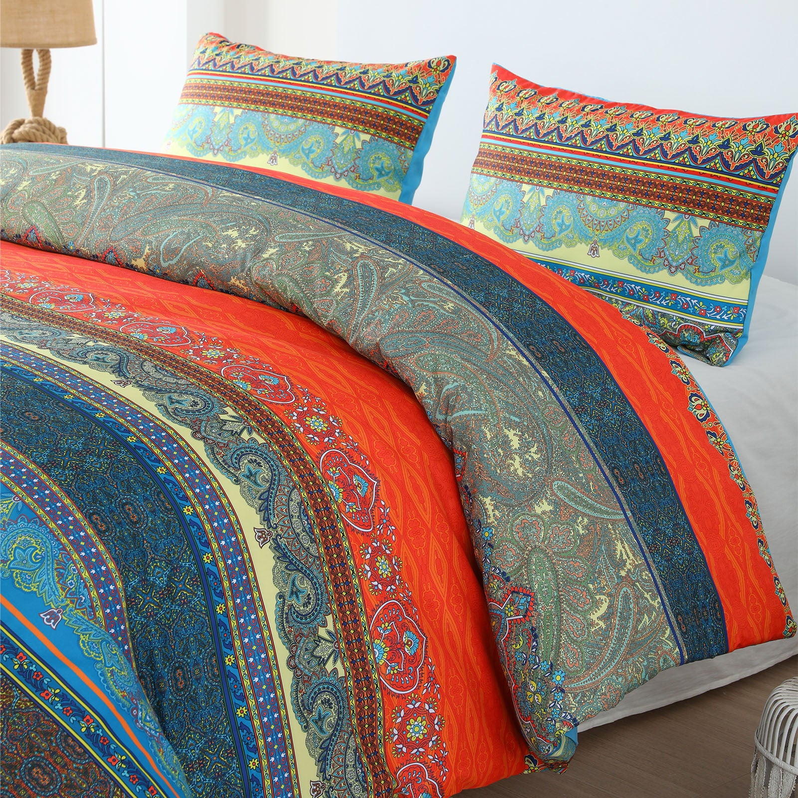 Exclusivo Mezcla Boho Bedding Duvet Cover Set， 3 Pieces Lightweight Comforter Cover with Pillow Shams (Queen Size，Red and Blue)