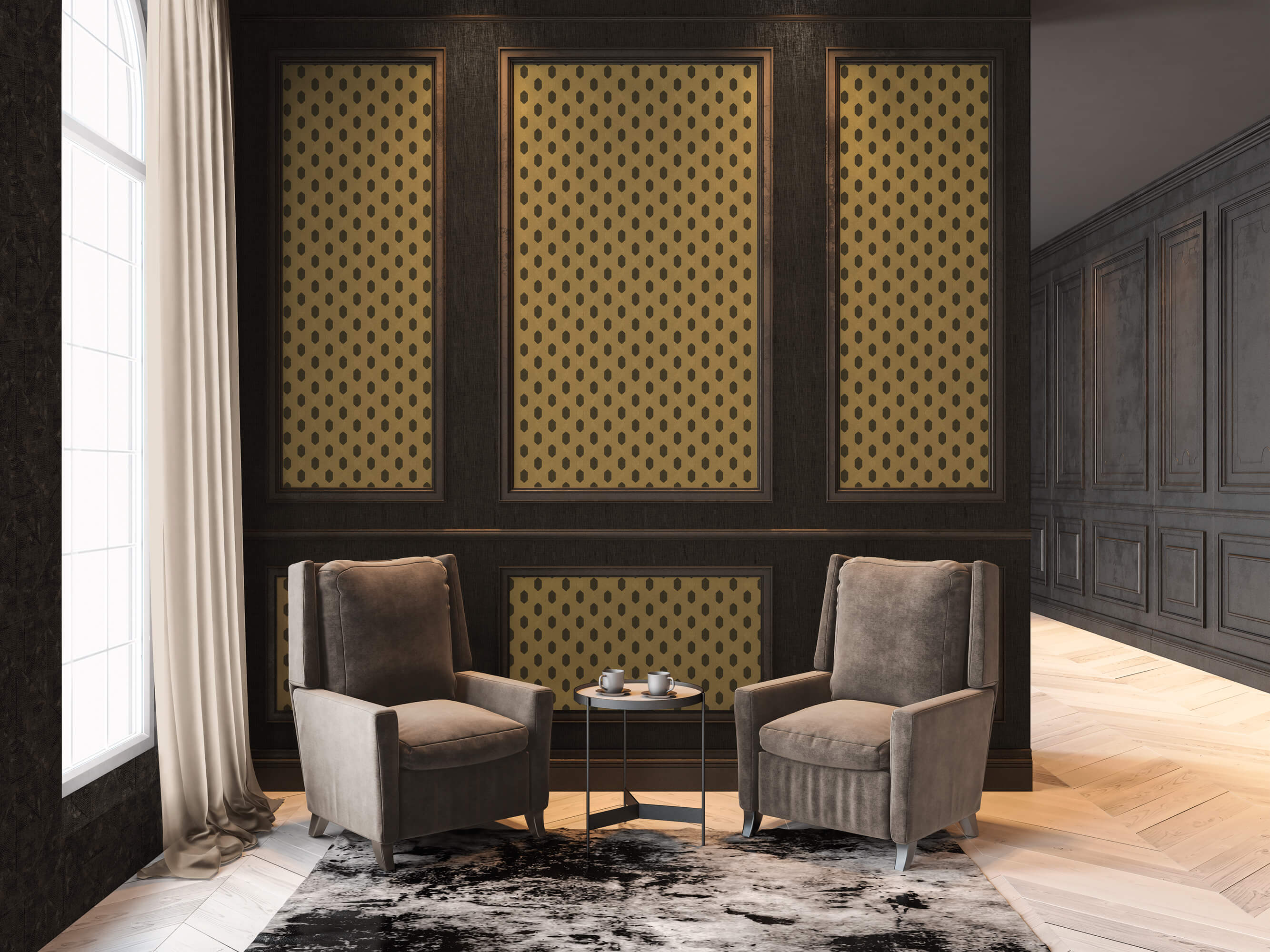 Art Deco Style Geometric Motif Wallpaper in Brown/Metallic/Black from the Absolutely Chic Collection