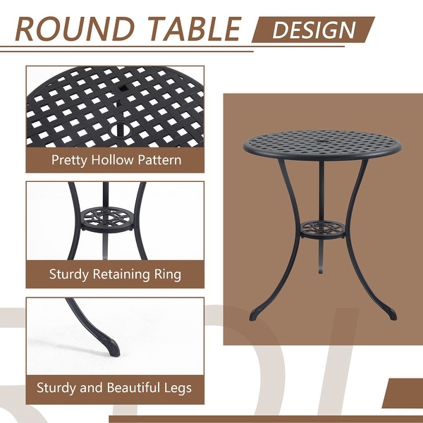 3 Piece Bistro Table Set Cast Aluminum Outdoor Patio Furniture with Umbrella Hole and Grey Cushions for Patio Balcony，Black