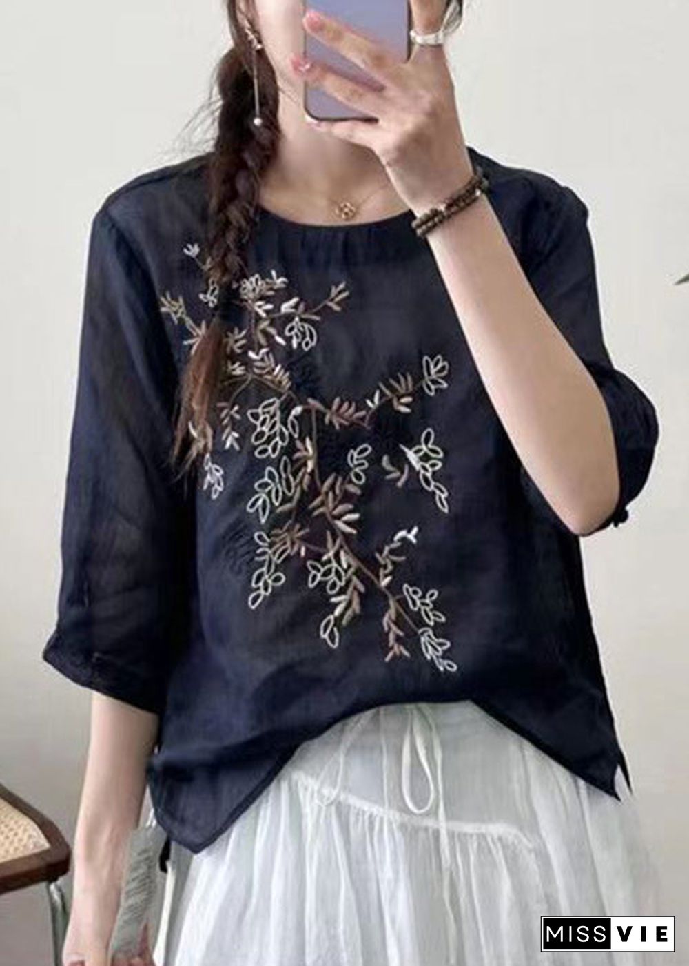 New Black O-Neck Embroideried Patchwork Cotton T Shirt Half Sleeve