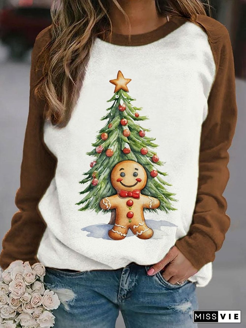 Women's Christmas Gingerbread Men Print Casual Sweatshirt