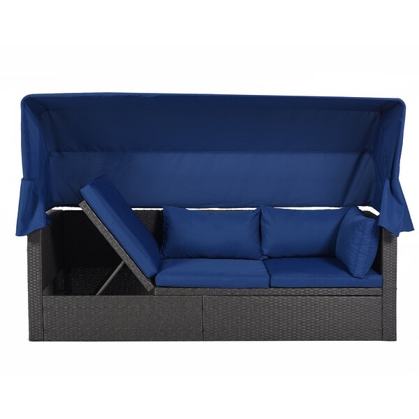 Roomfitters Outdoor Patio Rectangle Daybed with Retractable Canopy，Wicker Sectional Seating with Washable Cushions