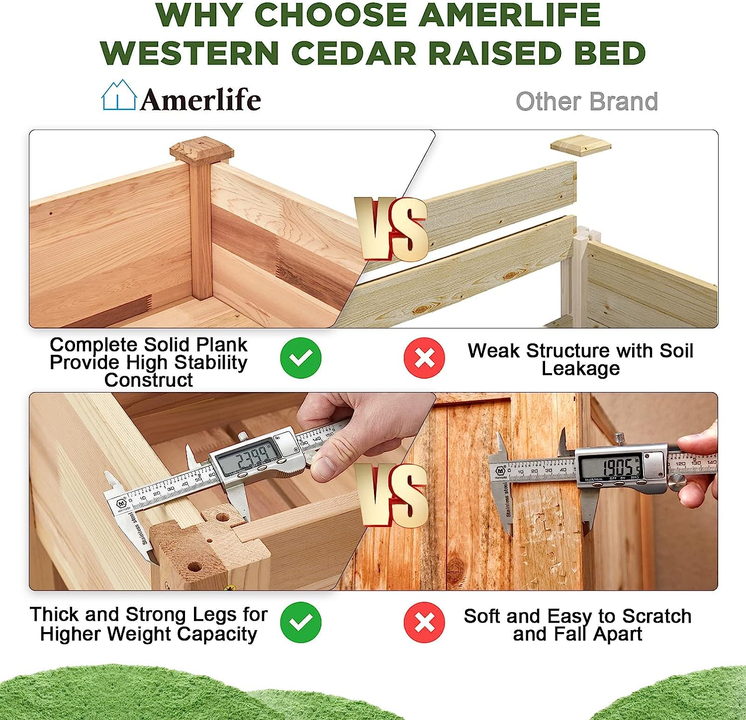 AMERLIFE Cedar Raised Garden Bed -72"x31"x24" Wooden Planter Bed with Grids Cedar Elevated Raised Bed for Herbs Vegetable Flowers Outdoor Patio Backyard with Liner 6 Grow Area 500 lbs Capacity