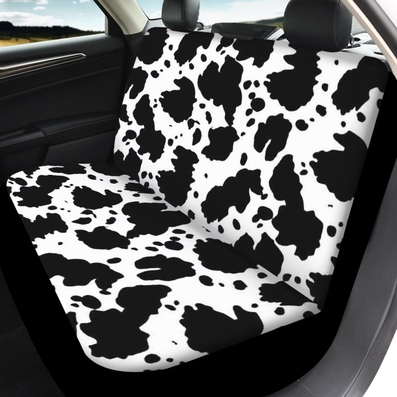 Diaonm Auto Seat Cover for Car Full Set 4 Piece Women Black and White Cow Seat Covers for Car Truck Auto SUV Van Car Accessories Front and Rear Bench Cushion Cover