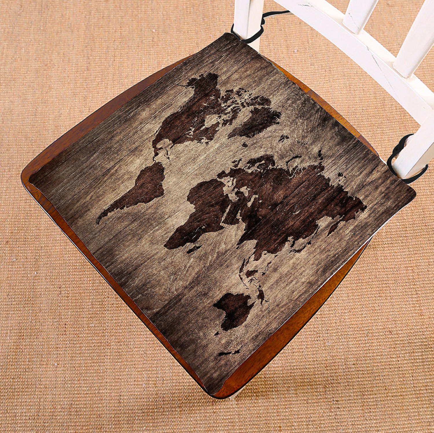 Earth Map Chair Pad， World Map On Wooden Pattern Seat Cushion Chair Cushion Floor Cushion 40x40 Cm