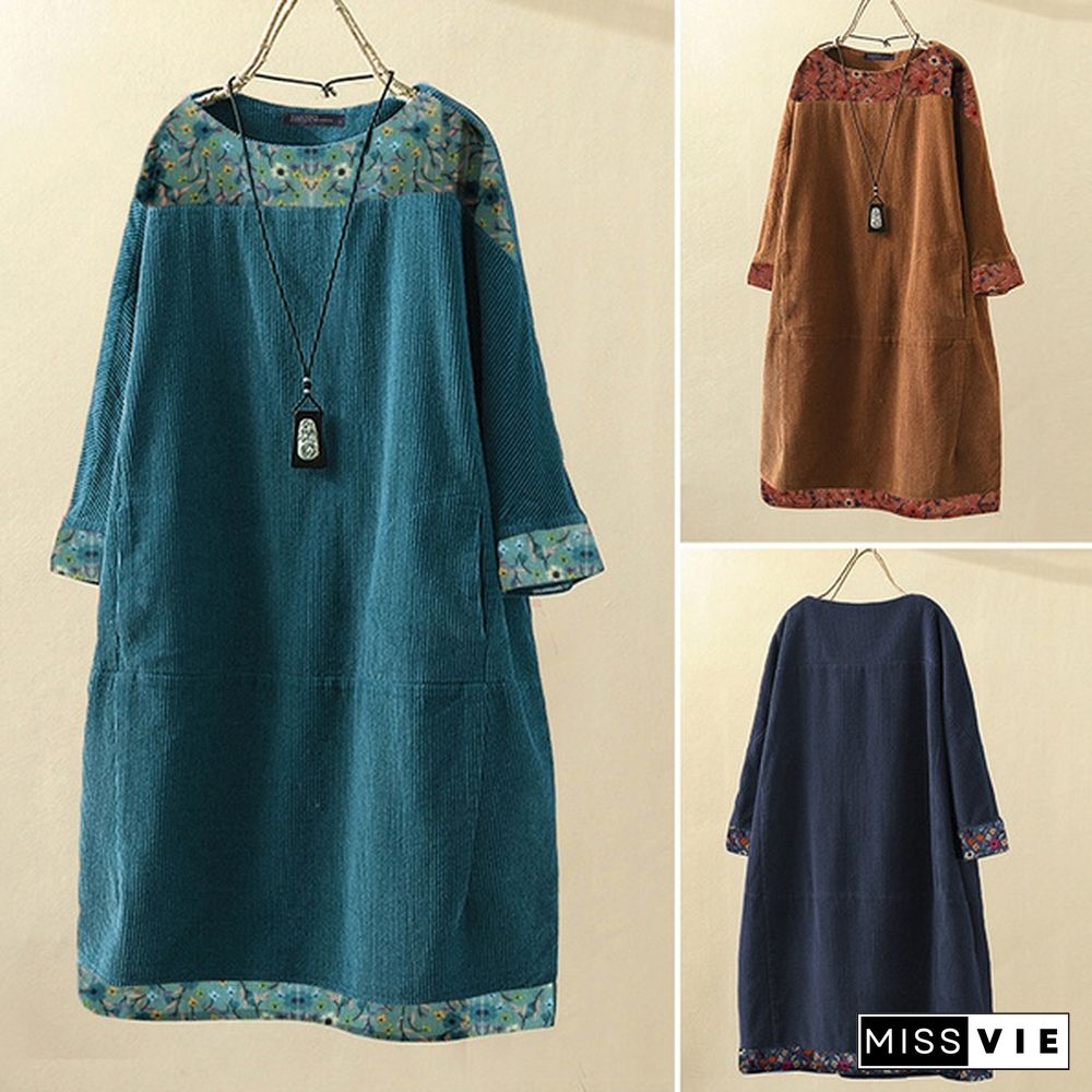 Women Autumn Pure Color Plus Long Tops Casual Vintage Corduroy Midi Dress