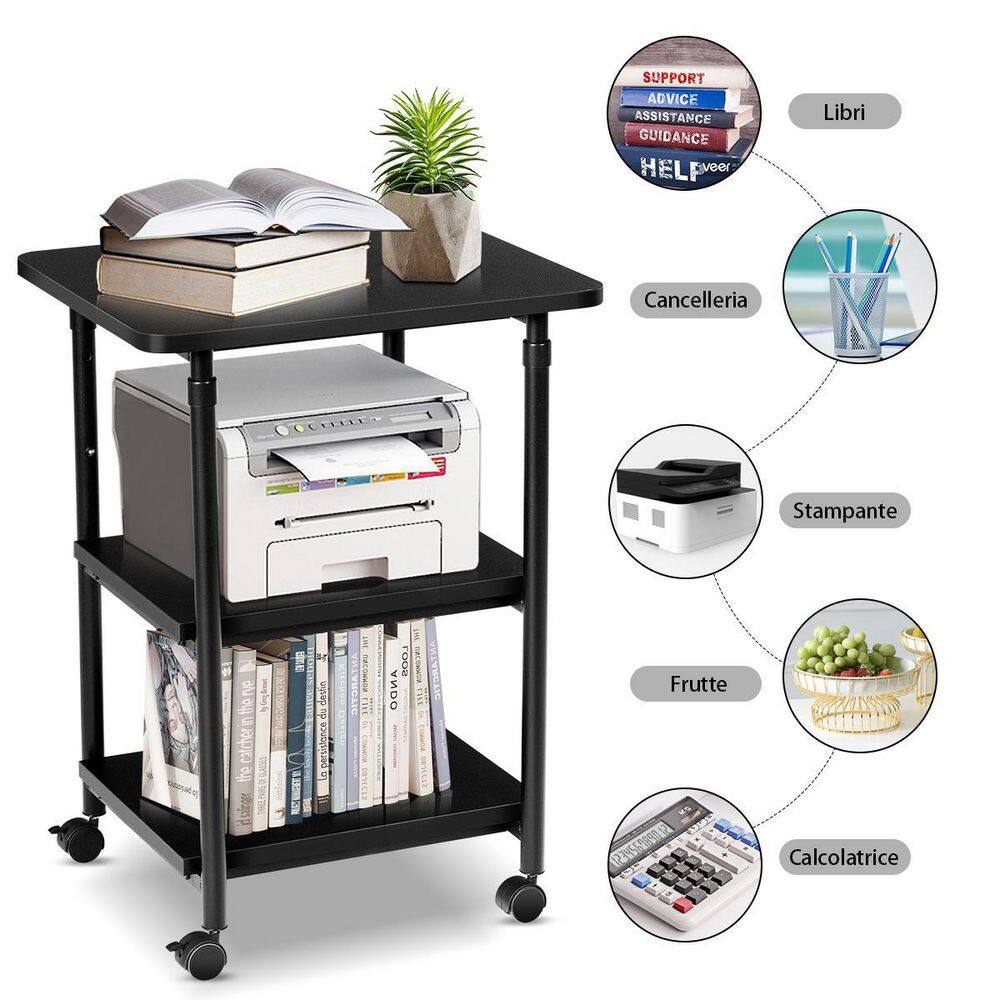 HONEY JOY 3-Tier Adjustable Rolling Under Desk Printer Cart with 3 Storage Shelves Printer Stand for Home Office Black TOPB004916