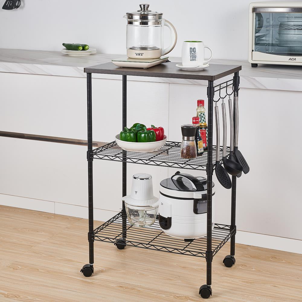 SalonMore 3 Tier Heavy Duty Kitchen Grade Wire Rolling Cart Service Cart with Wheels， Utility Shelf Plant Display Shelf， Black