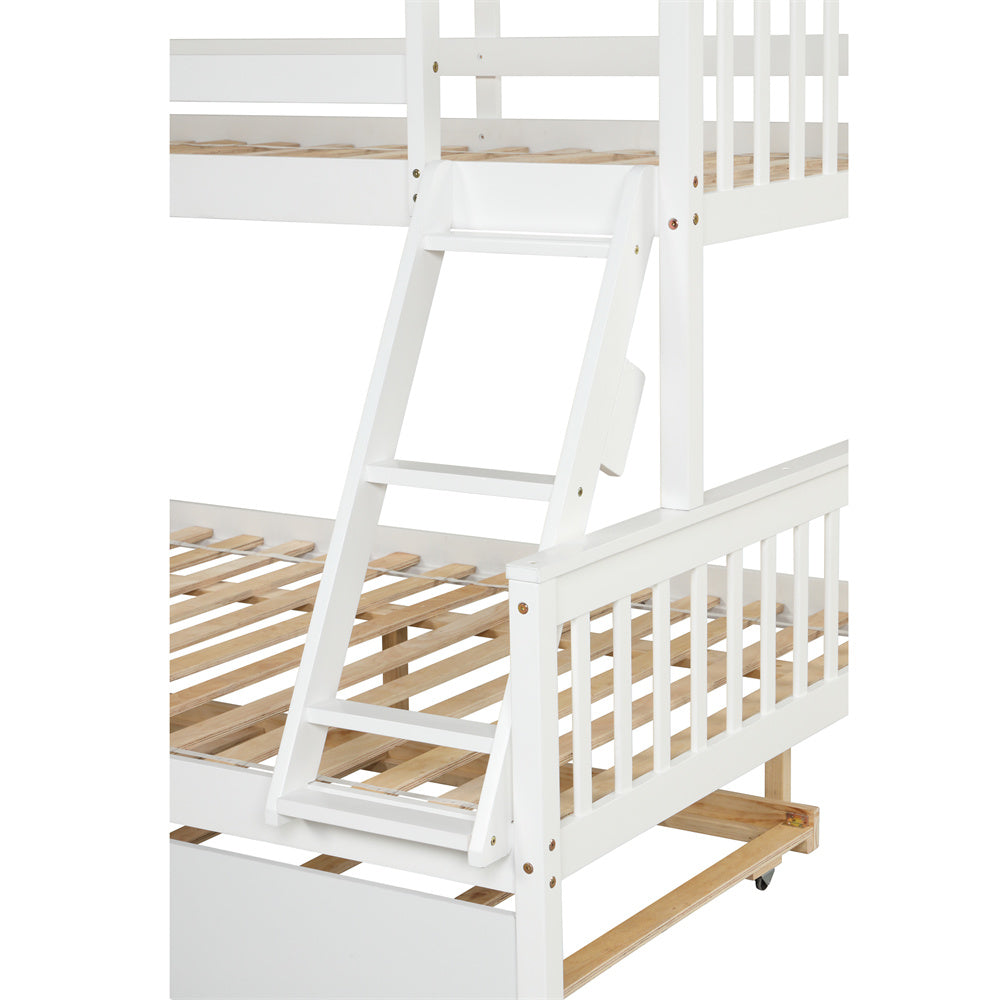 Twin Over Full Bunk Bed with Trundle, Pine Wood Bed Frame and Ladder with Guard Rails for Toddlers, Kids, Teens, Boys and Girls, White