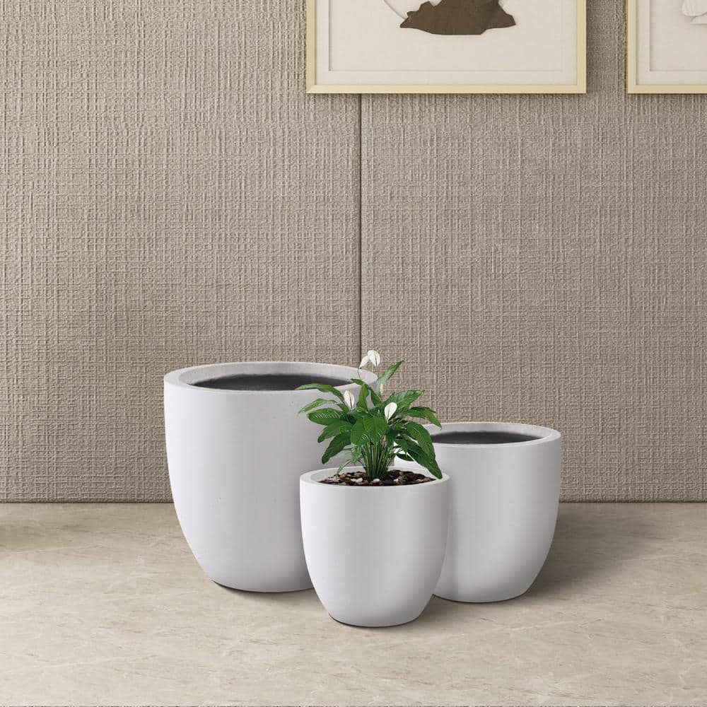 KANTE 18 in.， 14 in. and 10 in.W Pure White Concrete Round Planters (Set of 3)， Outdoor Indoor Modern Seamless Planter Pots RC0050ABC-C80011