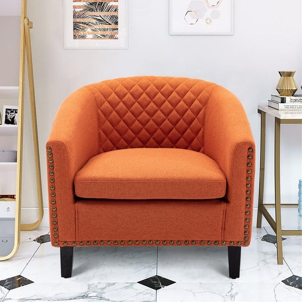 Modern Accent Barrel Chair with Nailheads， Wood Legs and Chrome Nailhead Trim， Living Room Chair with Curved Edges， Orange