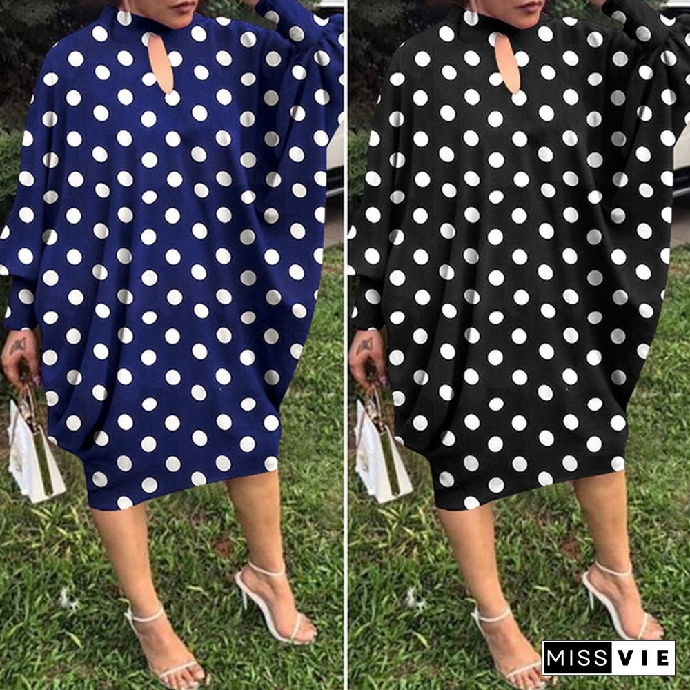 Women Vintage O Neck Long Sleeve Polka Dot Dresses Pleated Casual Holiday Vestido Plus Size