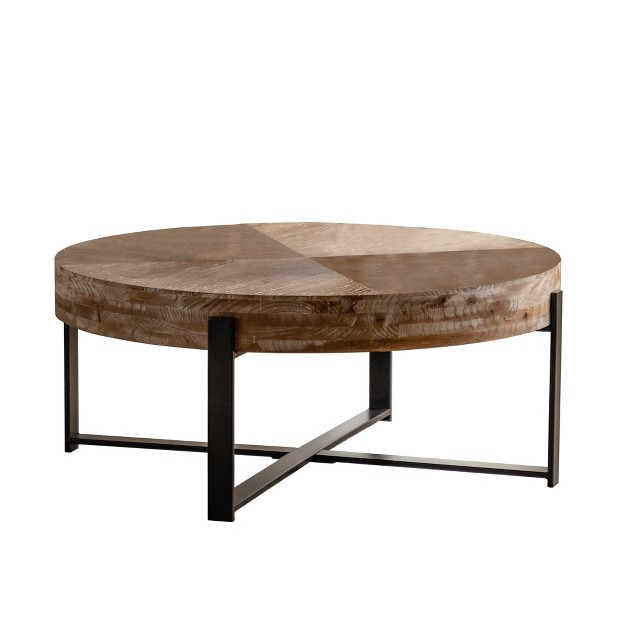 Modern Retro Splicing Fir Wood Top Round Coffee Table With Cross Legs Metal Base Modernluxe