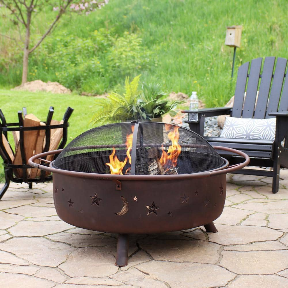 Sunnydaze Decor Cosmic 42 in. x 23 in. Large Round Steel Wood Burning Fire Pit with Spark Screen NB-SMS202