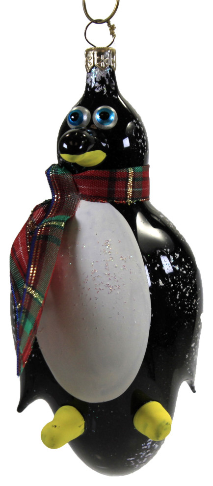 De Carlini Penguin With Plaid Scarf Glass Ornament Italian Bird A2166   Christmas Ornaments   by Story Book Kids Inc  Houzz