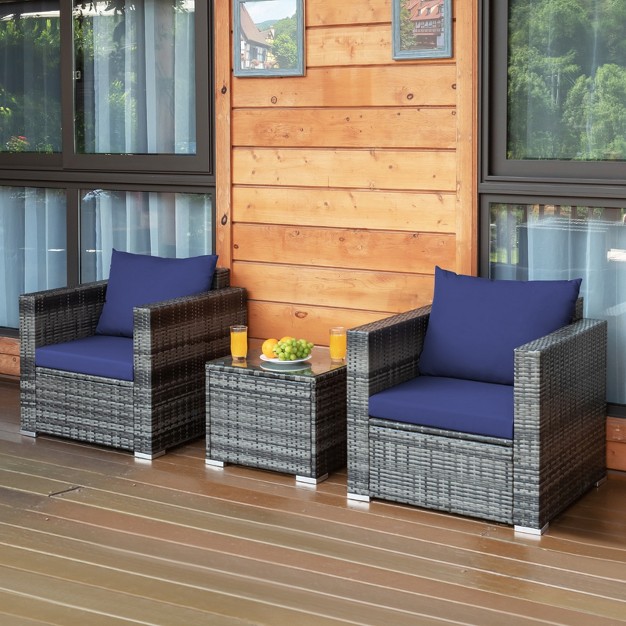 Tangkula 3 piece Patio Wicker Conversation Set Bistro Rattan Sofa Chair With Washable Cushion