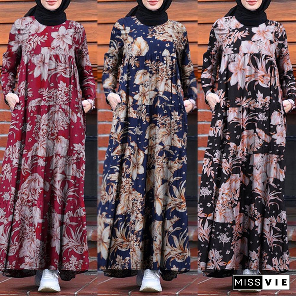 ZANZEA Women Floral Printed Autumn Muslim Kaftan Abaya Long Dress Bohemian Kaftan Baggy Maxi Dress Dubai Islam Flota