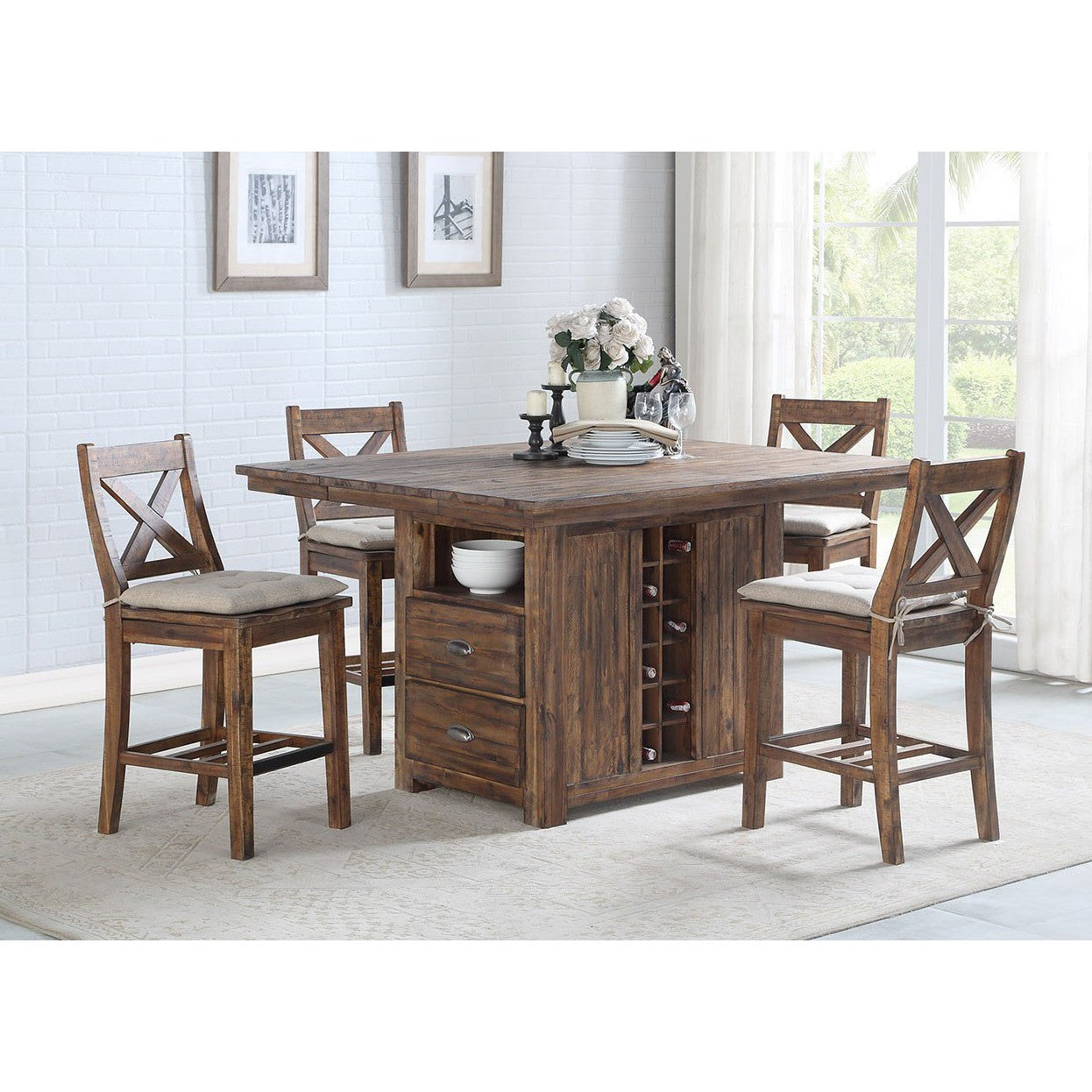 Rustic Wood Dining 5-Pc Set - Extendable (60x30-48) Pub Height - New