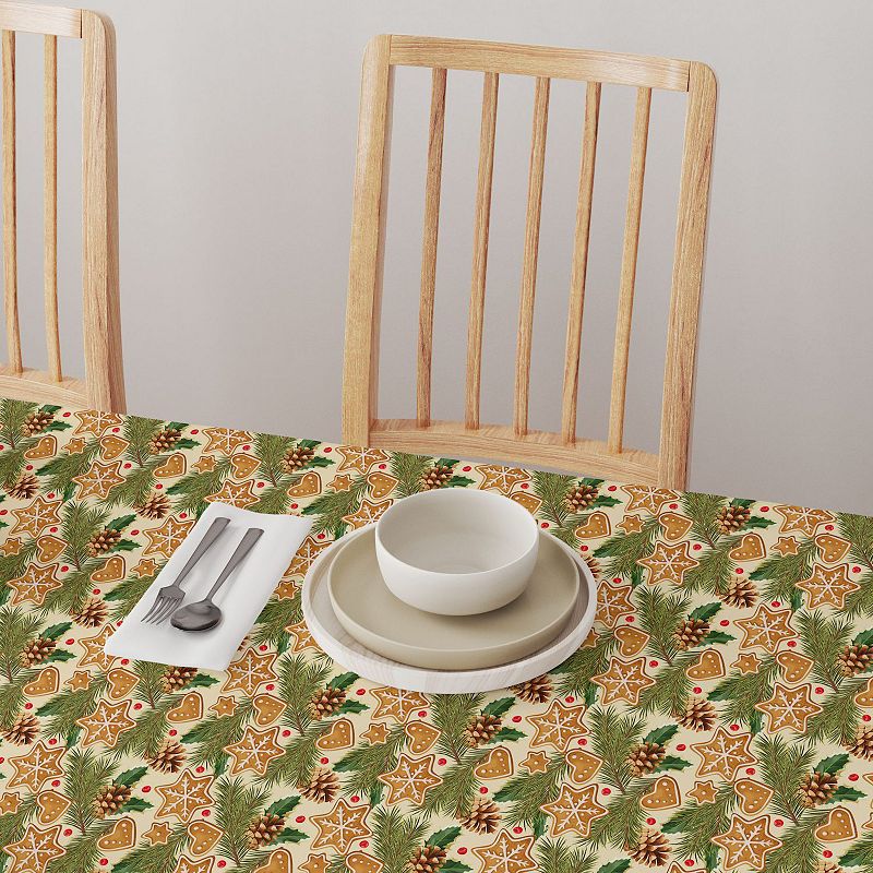 Rectangular Tablecloth， 100% Cotton， 52x104， Holiday Gingerbread Cookies and Pinecones