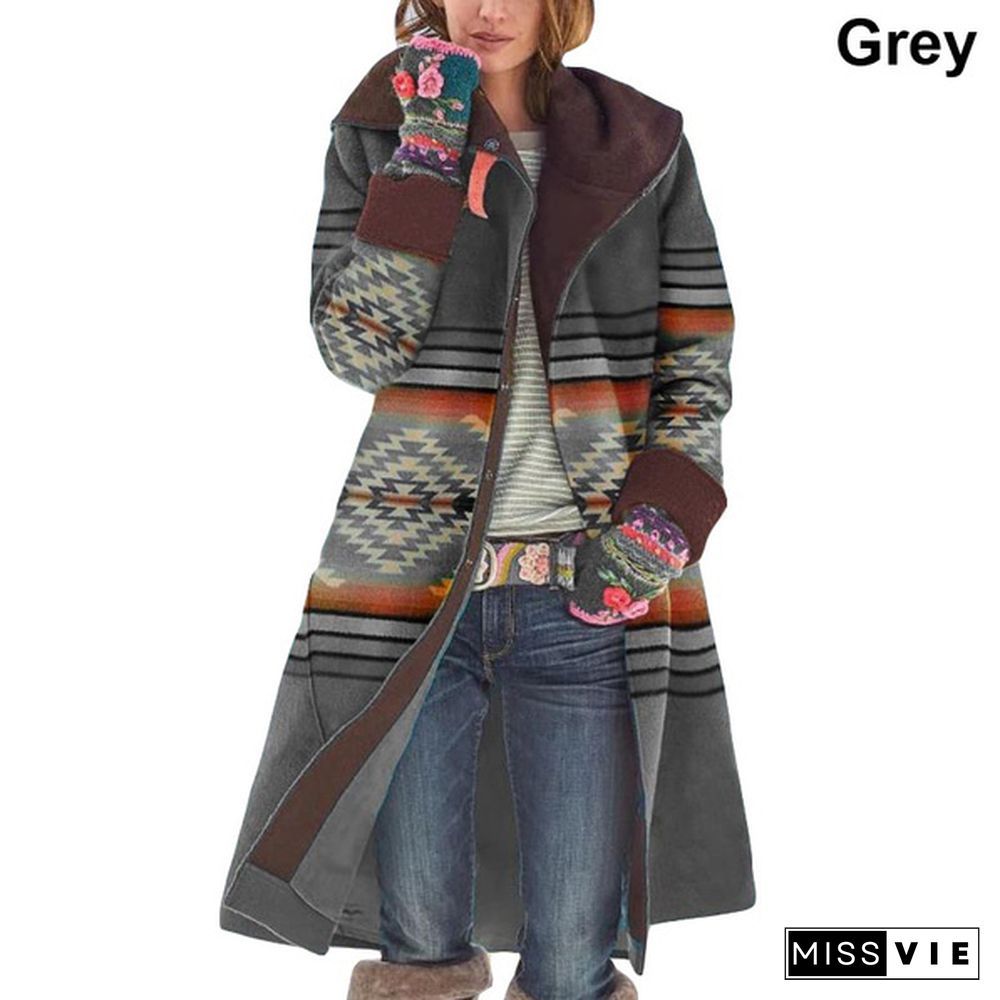 Autumn and Winter Vintage Printed Long Sleeve Coat Loose Windbreaker Coat Geometrical Striped Printing Hooded Jacket Long Cardigan Outerwear