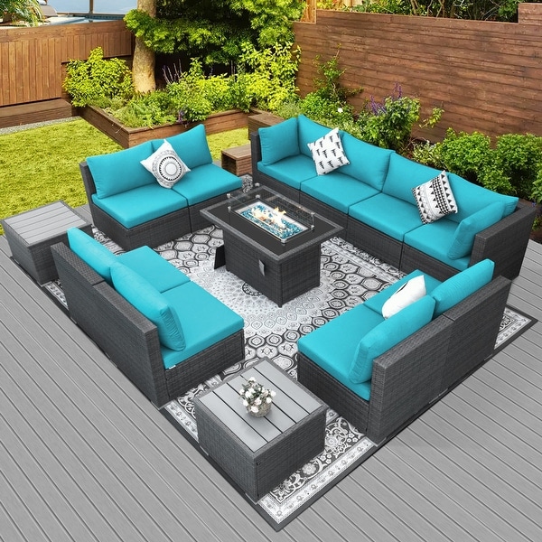 Nicesoul Outdoor Grey Wicker Sectional Furniture Patio Sofa Set with Firepit Table