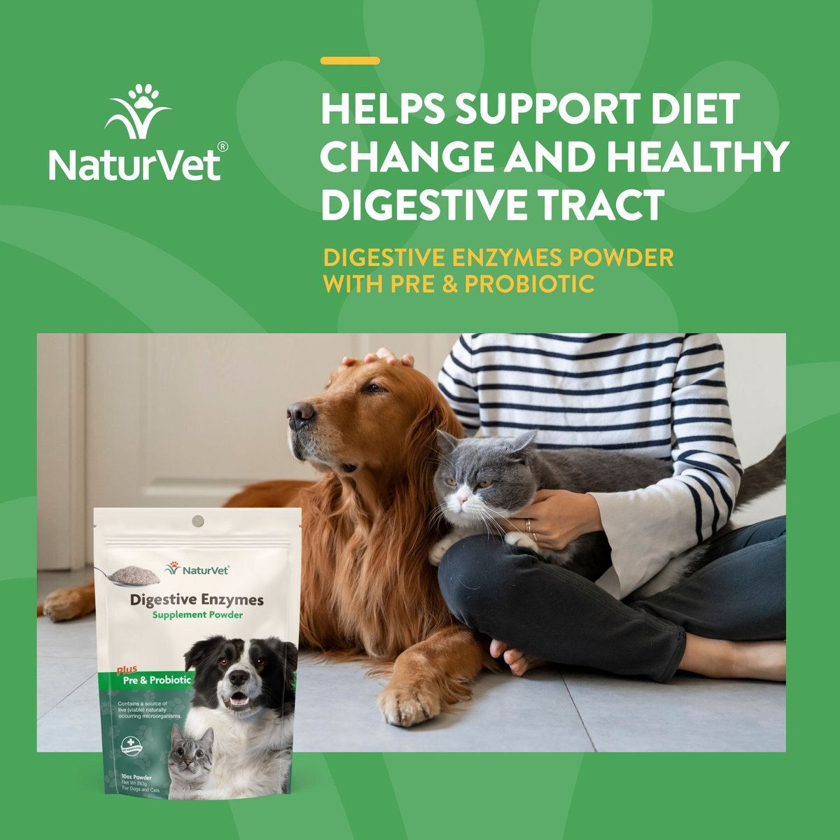 NaturVet Digestive Enzymes Plus Pre and Probiotic Powder Digestive Supplement for Cats and Dogs